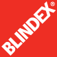 Logo da Blindex, indústria de vidro, contendo um quadrado vermelho com o nome da marca em branco, na diagonal